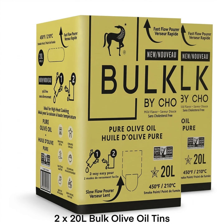 Two Boxes of Bulk Olive Oil by CHO with yellow and black design for Canadian Distribution