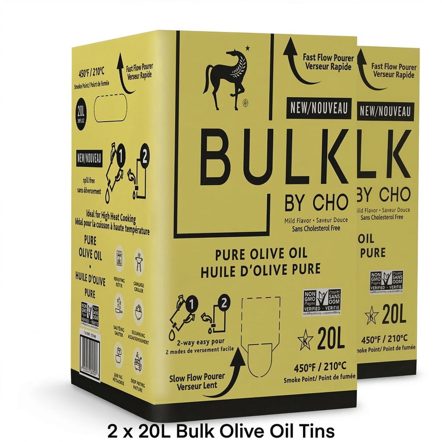 Two Boxes of Bulk Olive Oil by CHO with yellow and black design for Canadian Distribution