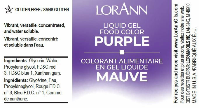 LorAnn Purple liquid gel food color packaging with ingredients list on a white background