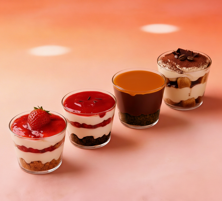 Four layered dessert cups arranged diagonally on a warm peach-pink background. The desserts include a strawberry cream pie, a red fruit dessert, a caramel and chocolate layered cup, and a tiramisu-style dessert with cookies and cocoa powder.