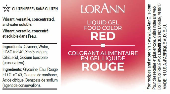 LorAnn Liquid Gel Food Color Red label with ingredients list on a pink background