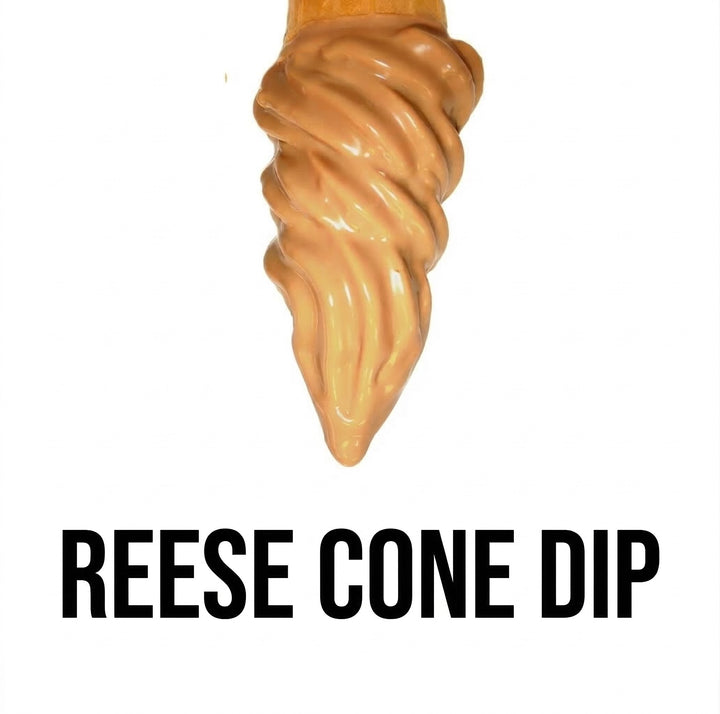 Reese's peanut butter cup cone with 'Reese Cone Dip' text on a white background