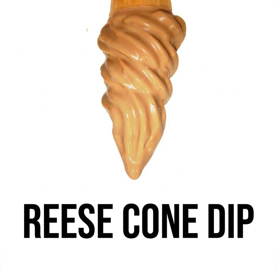 Reese's peanut butter cup cone with 'Reese Cone Dip' text on a white background