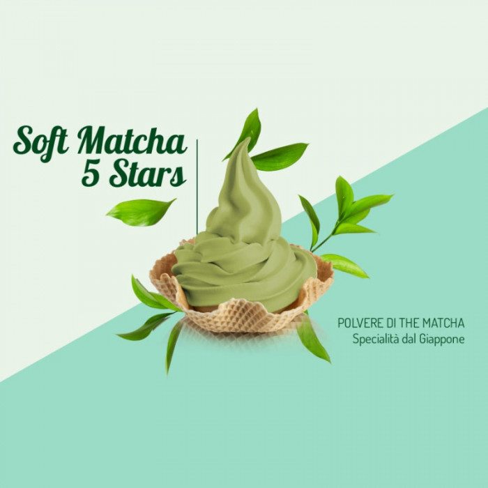 Rubicone 5 star matcha soft serve ice cream in a waffle cup with matcha powder and leaves on a two-tone background.