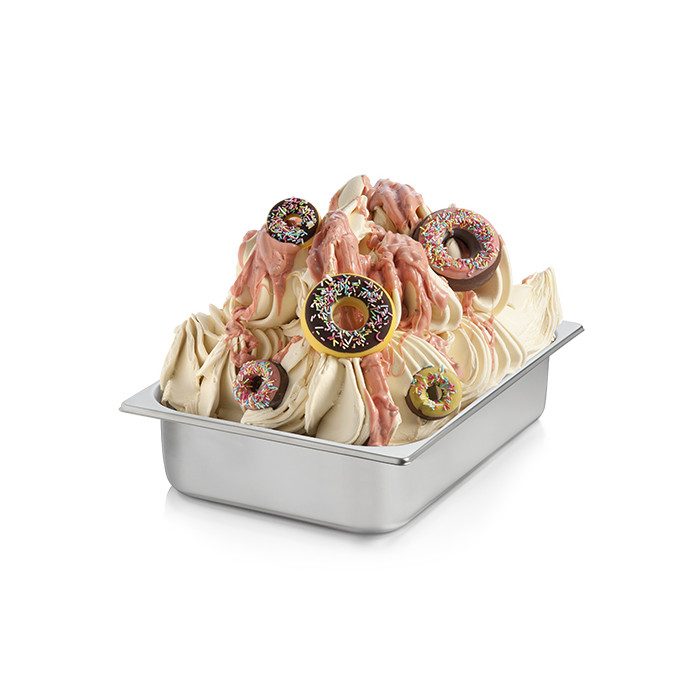 Ice cream dessert with donut-shaped cookies in a metal container on a white background