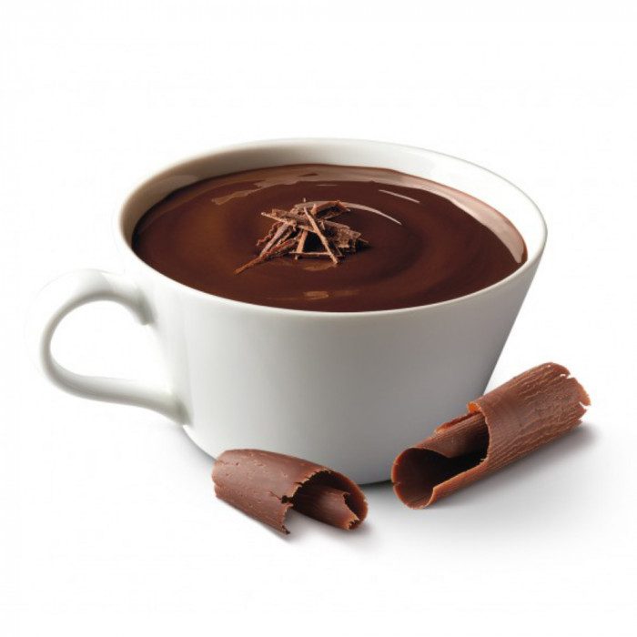 White cup filled with Italian hot chocolate on a white background
