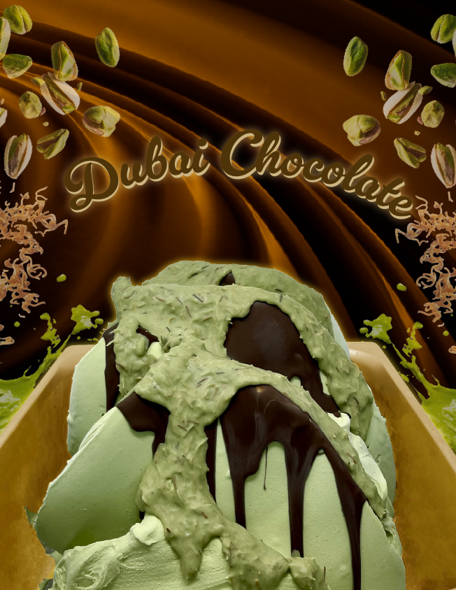 Green Pistachio ice cream with chocolate drizzle and pistachios on a dark background with 'Dubai Chocolate' branding.