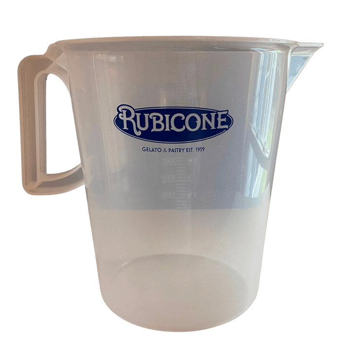 Clear plastic pitcher with Rubicone logo on a white background