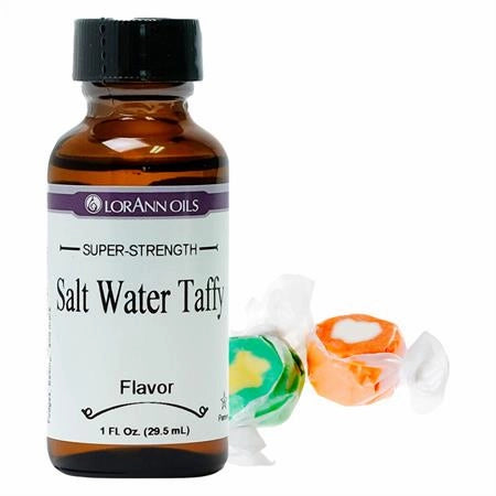 1 oz Bottle of LorAnn Oils Salt Water Taffy flavor with two colorful candy swirls on a white background - fun foods canada
