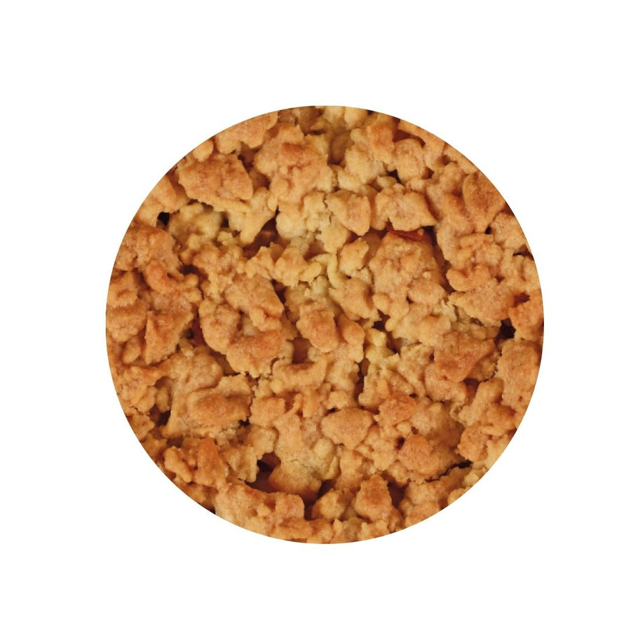 Close up texture image of salted caramel crumble on a white background