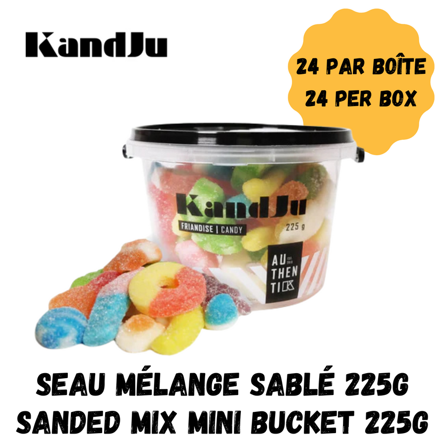 KandJu sanded mix mini bucket with colorful gummy candies on a white background