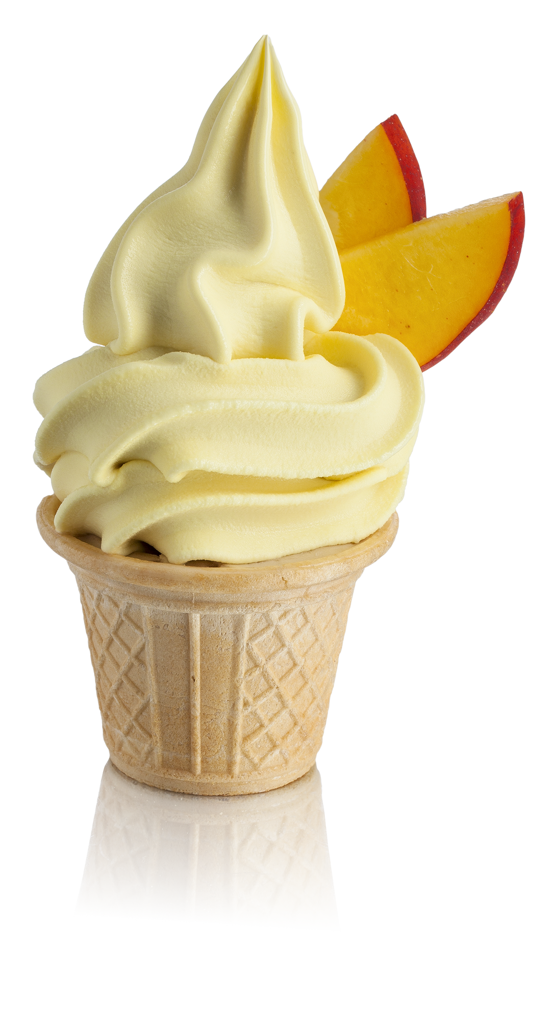 Yellow peach gelato ice cream in a waffle cone with peach slices on a white background