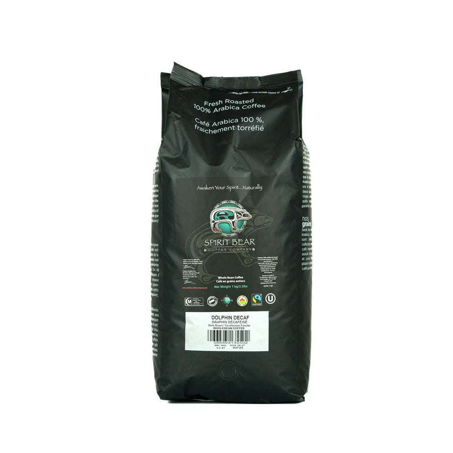 Spirit Bear Coffee - Dolphin Decaf Dark Roast - 1kg Bag | Swiss Water Process - Certified Fairtrade Organic