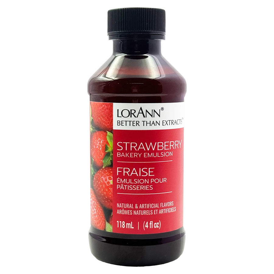 Bottle of Lorann Strawberry Bakery Emulsion on a white background - 4 oz - fun foods canada