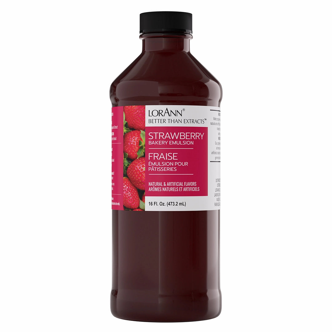 Bottle of LorAnn Strawberry Bakery Emulsion on a white background - 16oz - fun foods canada