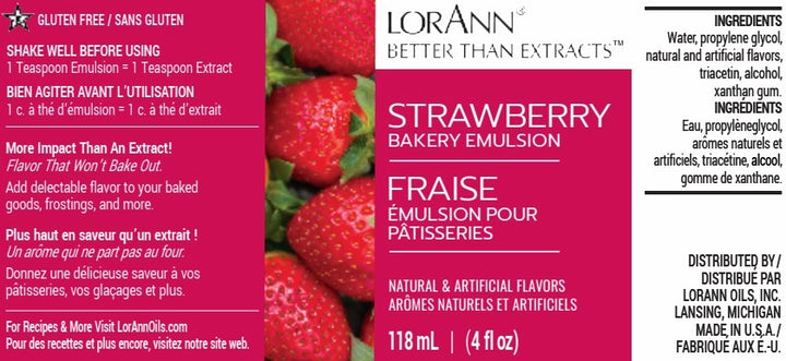 LorAnn Strawberry Bakery Emulsion packaging with strawberries and text. - fun foods canada