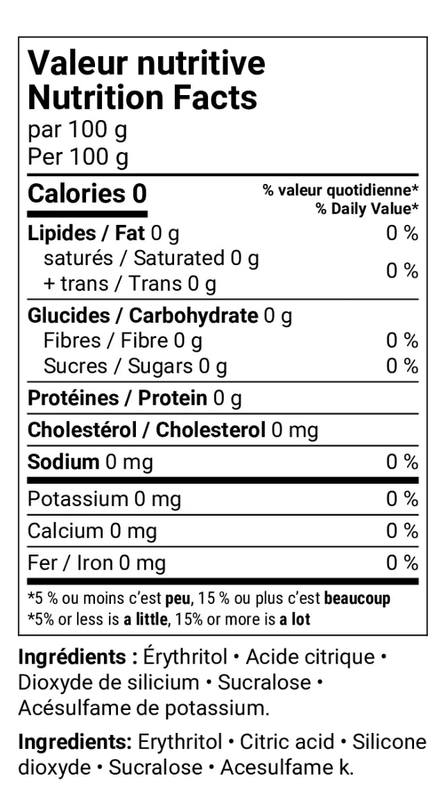 Nutrition facts label with calories, macronutrients, and ingredients listed for Sugar-Free Neutral Slush Base Mix - Drink and Slush Mix - Zero Calories - Case ( 6 x 180 grams) - Canadian Distribution