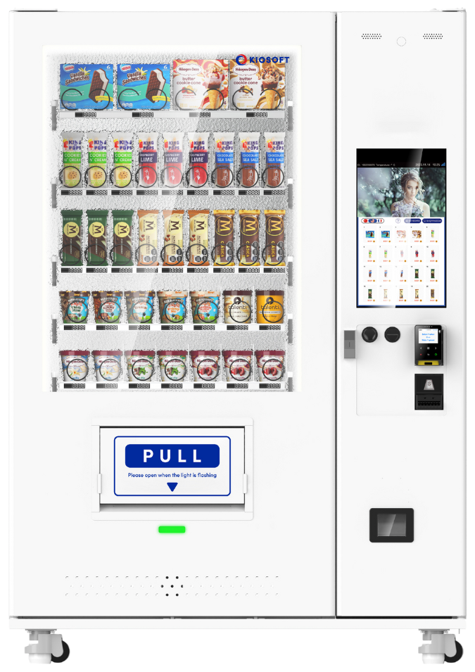 Vending machine with various snacks and drinks on a white background