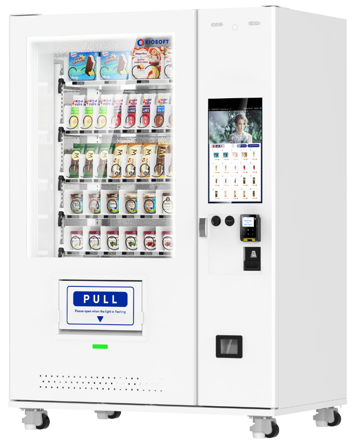 Vending machine with various products and a digital display on a white background