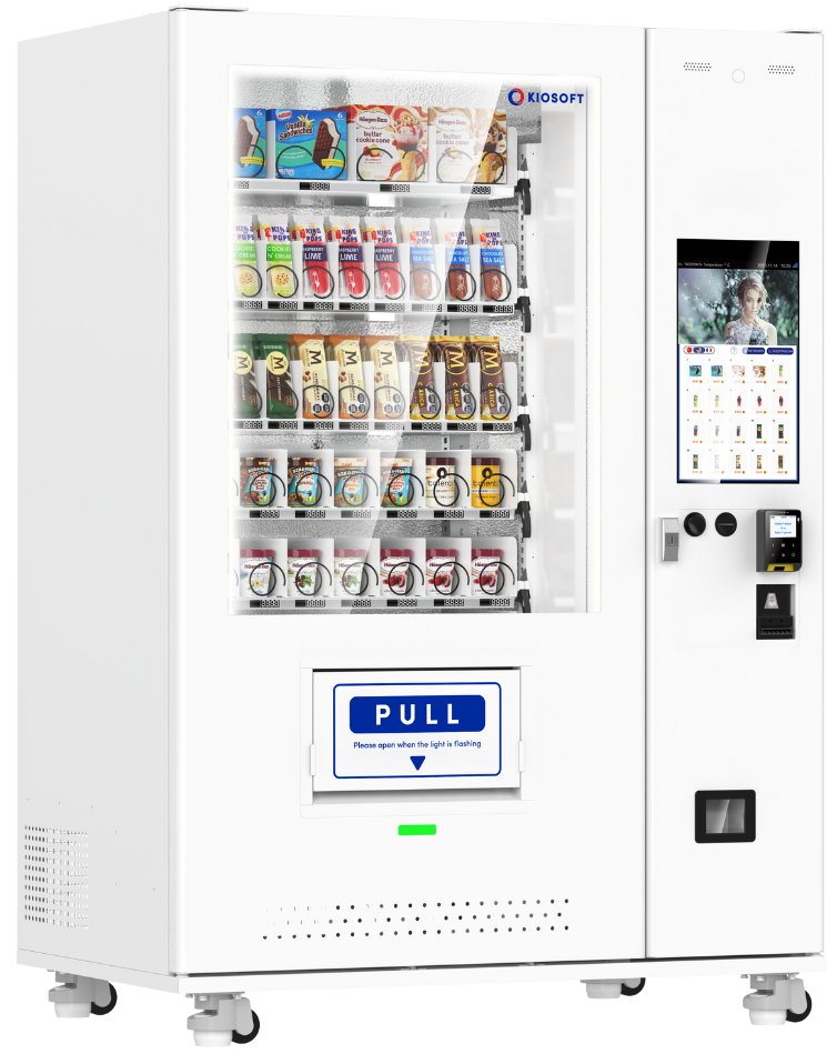 Vending machine with various products on a white background