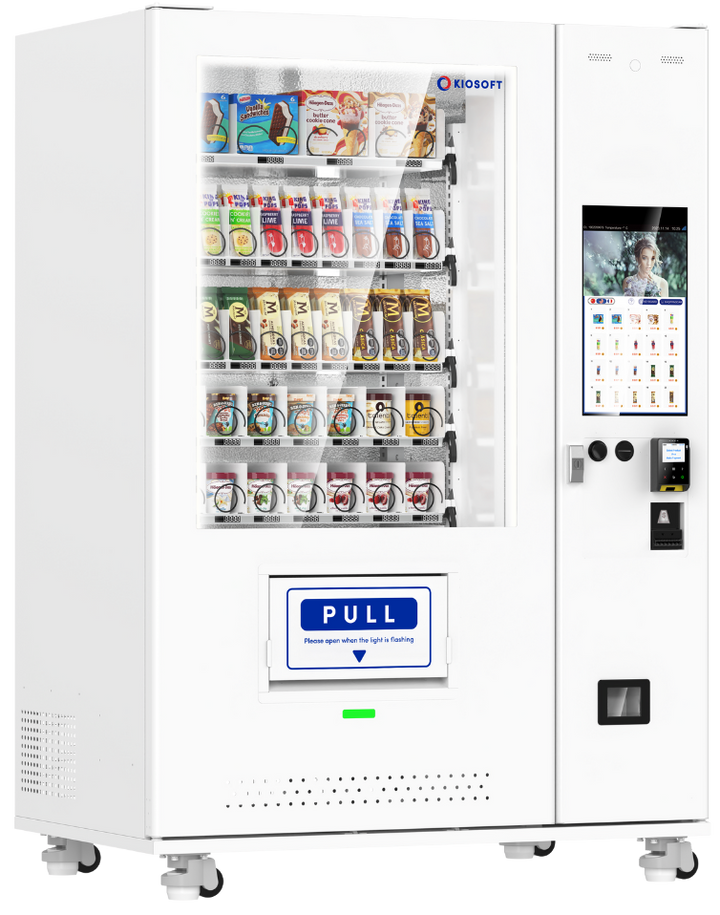 Vending machine with various products on a white background