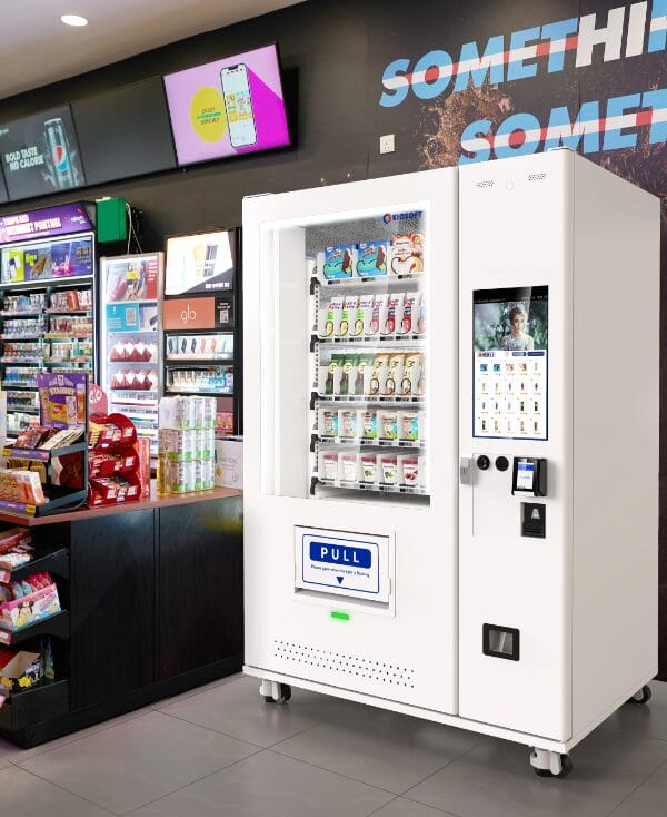 Vending machine in a convenience store with snacks and drinks displayed.