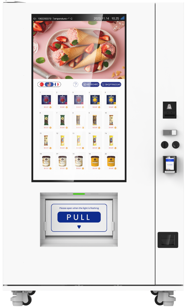 Vending machine with digital display showing food items on a white background