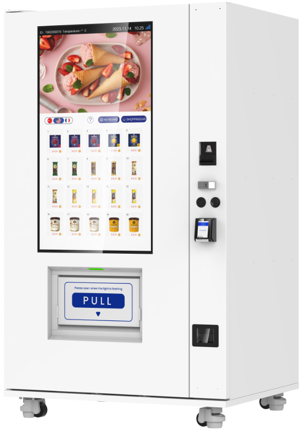 Vending machine with digital display and buttons on a white background