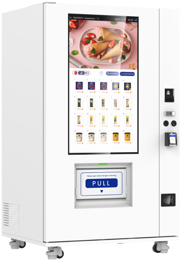 White vending machine with a digital display showing food items on a white background