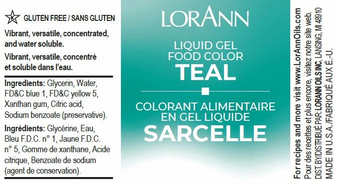 LorAnn teal liquid gel food color packaging with ingredient list on a green background