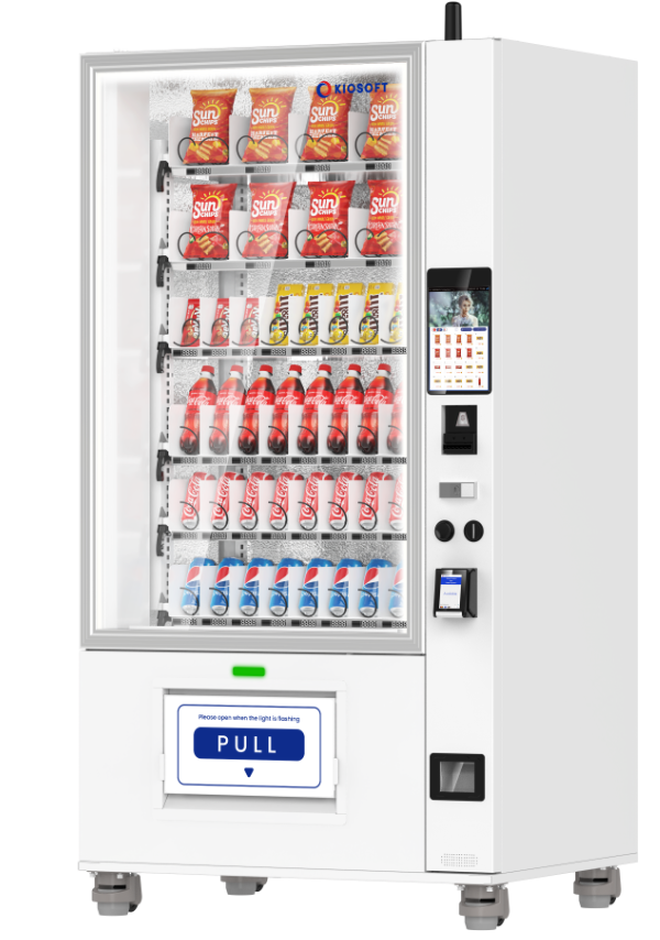 Vending machine with snacks and drinks on a white background