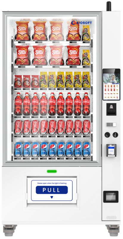 Vending machine stocked with snacks and drinks including Sun chips and Pepsi.