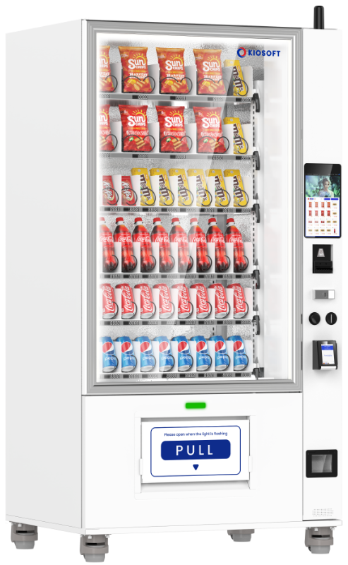 Vending machine stocked with snacks and drinks on a white background