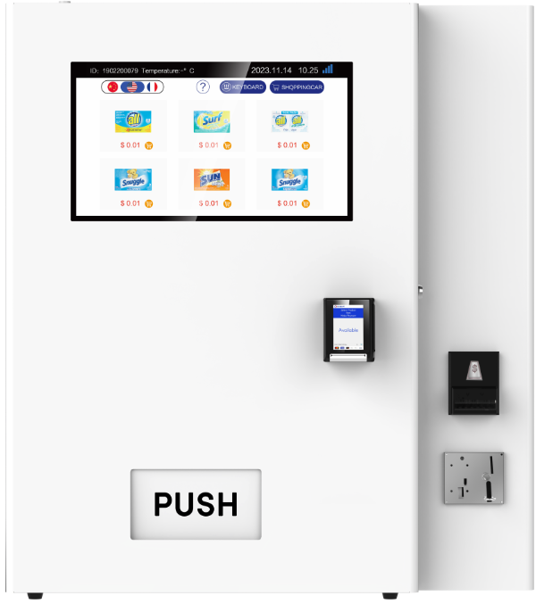 Digital display with various icons on a white wall, featuring a push button and other controls.