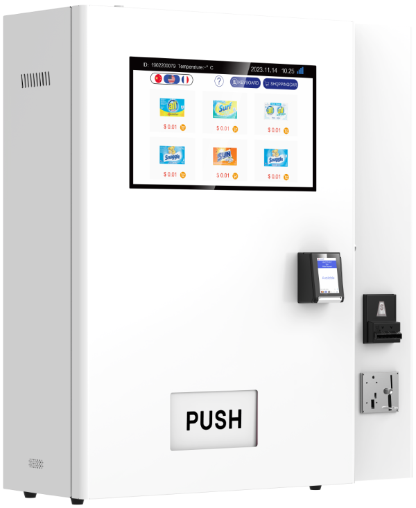 Vending machine with a touch screen display and payment terminal on a white background