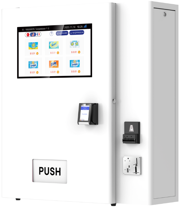 Vending Machine with touchscreen display, card reader, and push button on a white background