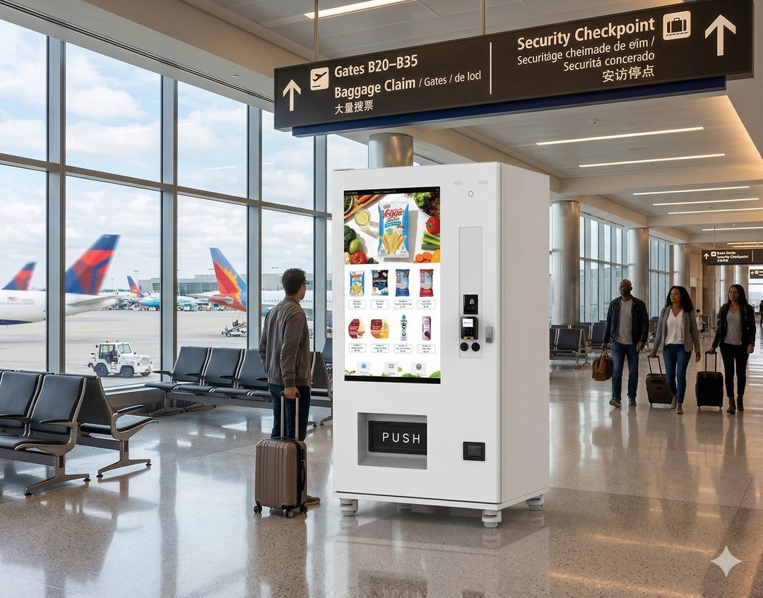 Vending machine in an airport terminal with people and aircraft visible through large windows. Canadian Vending Machine Distributor.