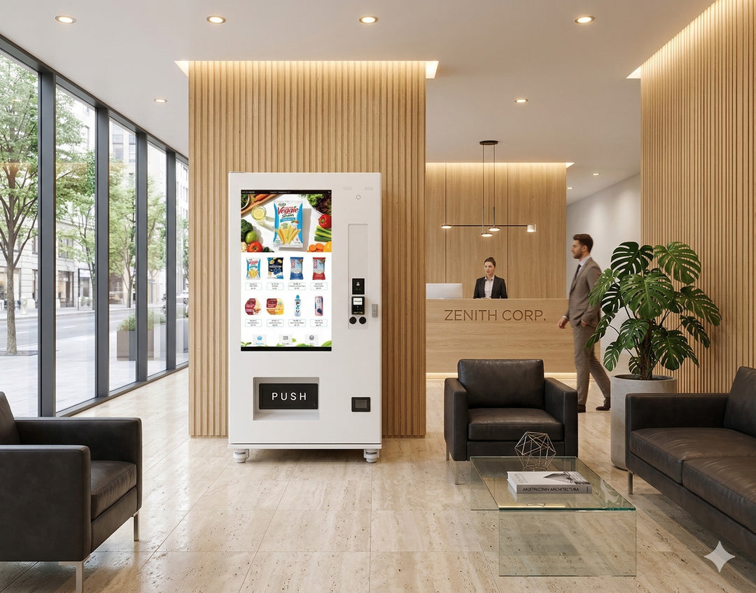 Vending machine in a modern office lobby with a reception desk and chairs placed by Canada's Vending Machine Distributor.