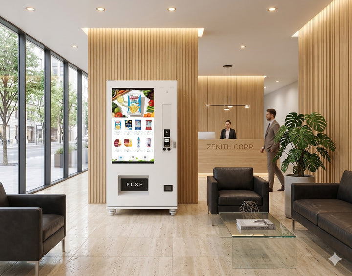 Vending machine in a modern office lobby with a reception desk and chairs placed by Canada's Vending Machine Distributor.