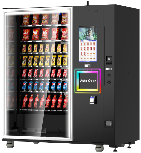 Vending machine with snacks and drinks on a white background
