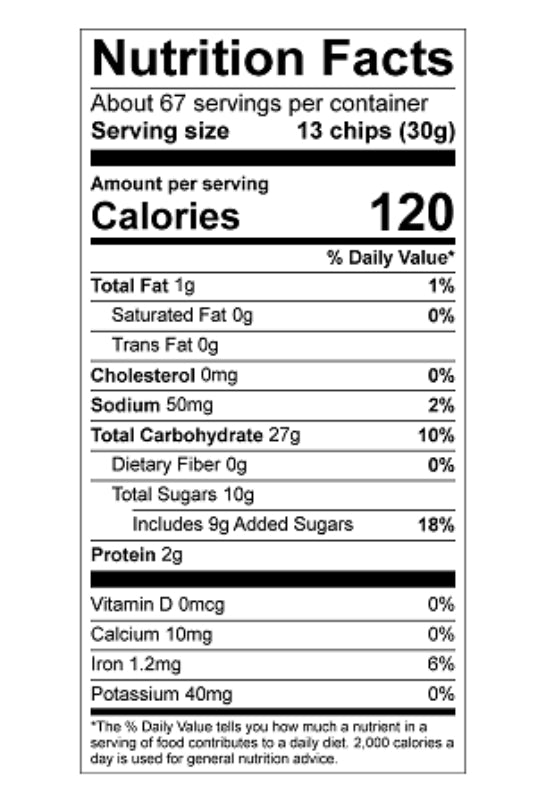 Nutrition facts label for joy cone waffle nachos with serving size and calorie information.