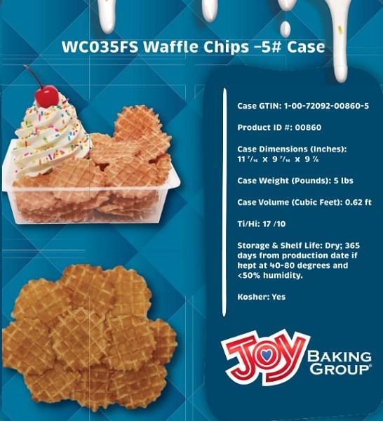 Joy Baking Group waffle chips packaging with product details on a blue background
