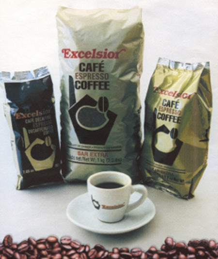 Excelsior Cafe Espresso Coffee bags with a cup of coffee on a white background