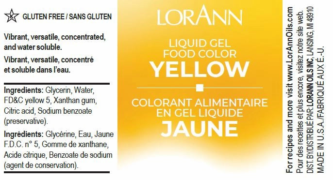Lorann Liquid Gel Food Color Yellow label with ingredients and branding details.