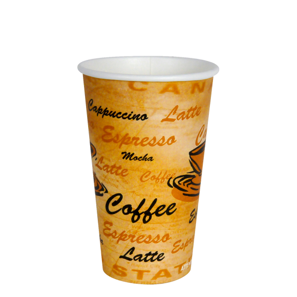16 oz Coffee Hot Drinks Paper Cups, Elegant Cafe Print Design, Fully Recyclable (1000 cups)