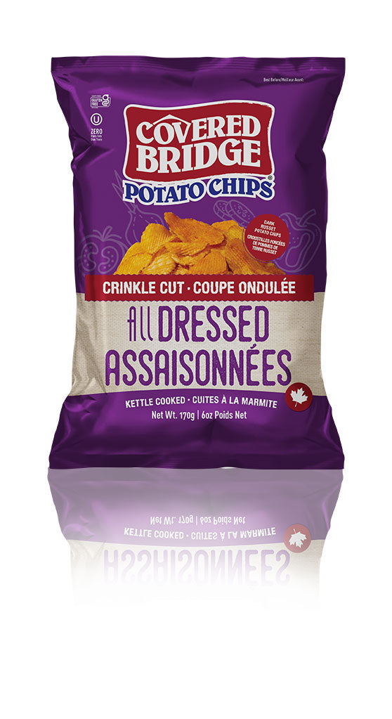 Covered Bridge Chips – All Dressed Crinkle Cut – Gluten Free, Kosher, Kettle Cooked with Dark Russet Potatoes – Made in Canada