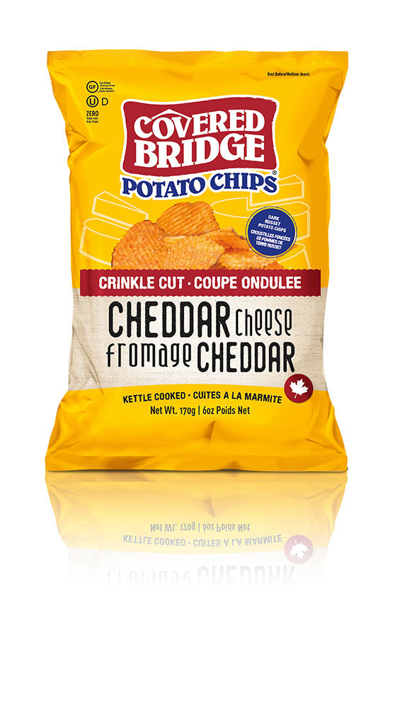 Covered Bridge Chips – Cheddar Cheese Crinkle Cut – Gluten Free, Kosher, Kettle Cooked with Dark Russet Potatoes – Made in Canada