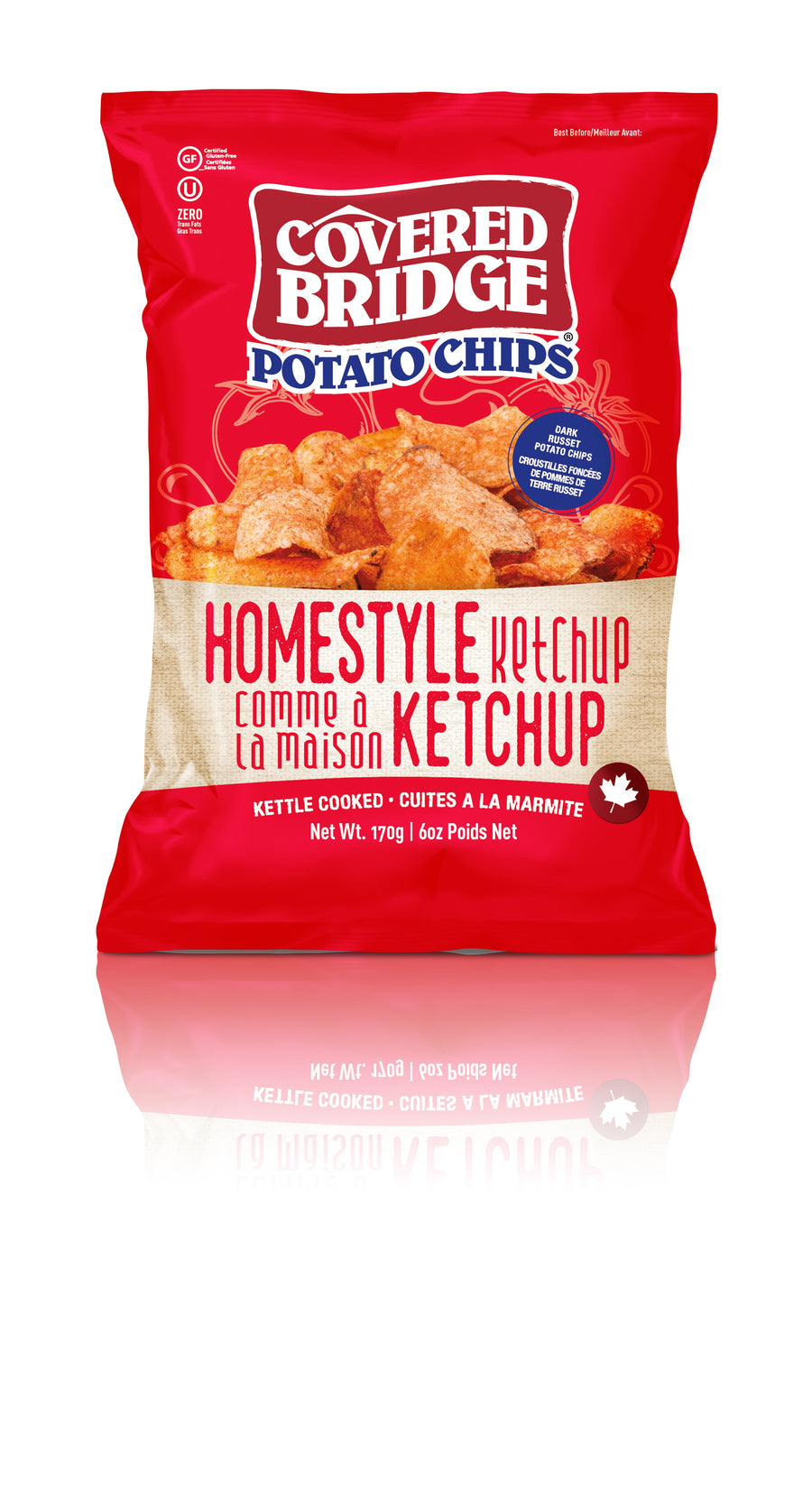 Covered Bridge Chips – Homestyle Ketchup – Gluten Free, Kosher, Kettle Cooked with Dark Russet Potatoes – Made in Canada