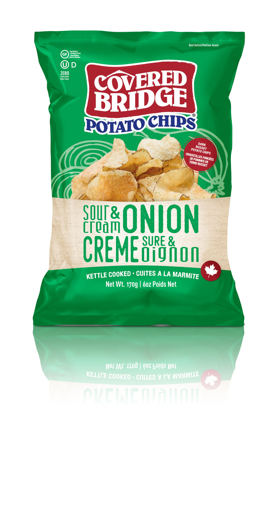 Covered Bridge Chips – Sour Cream & Onion – Gluten Free, Kosher, Kettle Cooked with Dark Russet Potatoes – Made in Canada