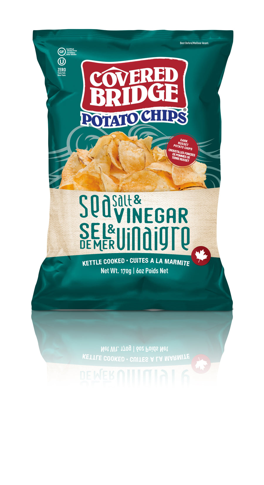 Covered Bridge Chips – Sea Salt & Vinegar – Gluten Free, Kosher, Kettle Cooked with Dark Russet Potatoes – Made in Canada